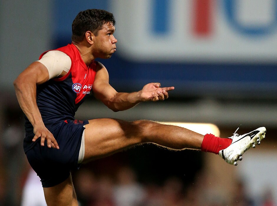 AFL 2016 Rd 16 - Melbourne v Fremantle DARWIN, AUSTRALIA - JULY 09: Neville Jetta of the Demons in action during the 2016 AFL Round 16 match between the Melbourne Demons and the Fremantle Dockers at TIO Stadium on July 9, 2016 in Darwin, Australia. (Photo by Justine Walker/AFL Media)